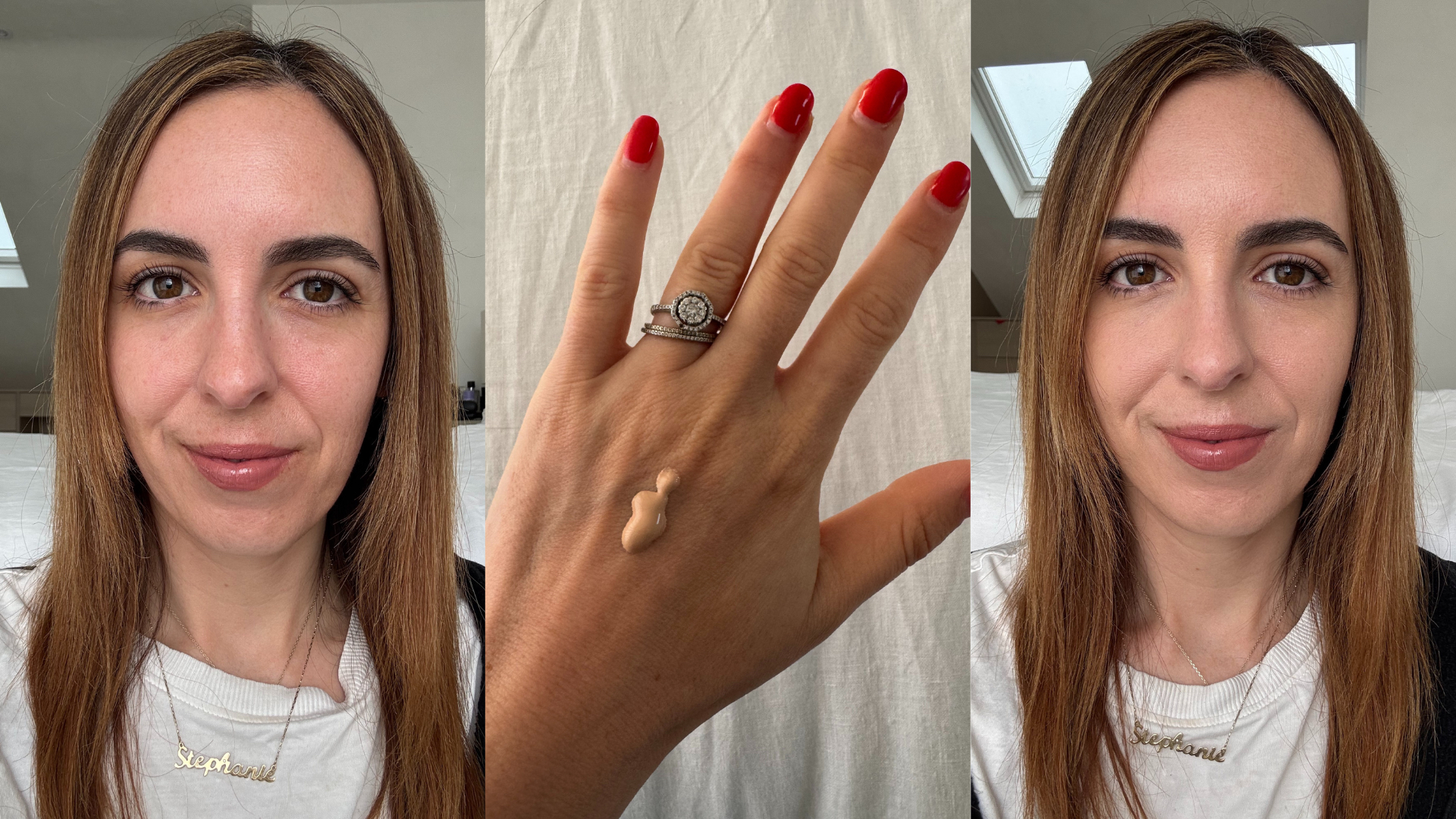 Three images showing Stephanie before applying the Il Makiage Woke Up Like This Foundation (left), the back of her hand with some of the product on it (centre) and after applying (right)