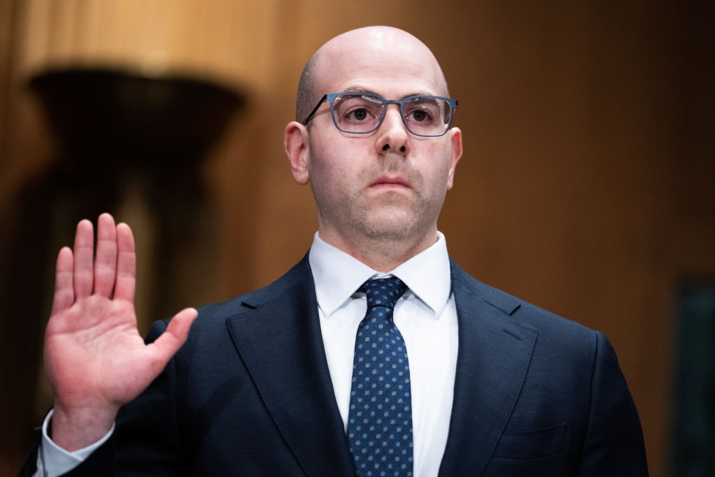 Stephen Miran being sworn in for Senate testimony before his February confirmation to lead the White House Council of Economic Advisers.