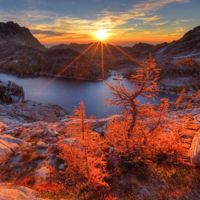 First rays of light on the fall colored larch trees