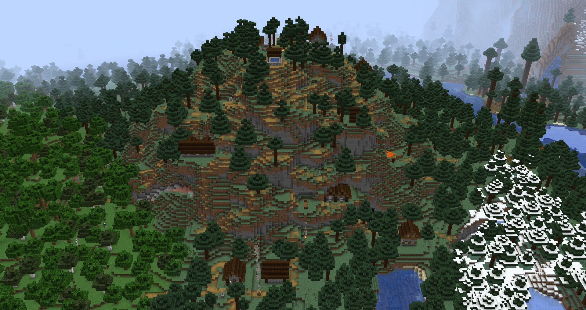 Minecraft - A taiga village that's spawned on a very large hill. Buildings have spawned from the base to the peak of the hill but many buildings are inaccessible by villagers.