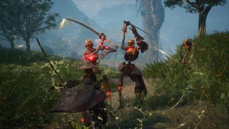 Beast of Reincarnation screenshot which shows the protagonist engaged in close-quarters combat with three enemies 