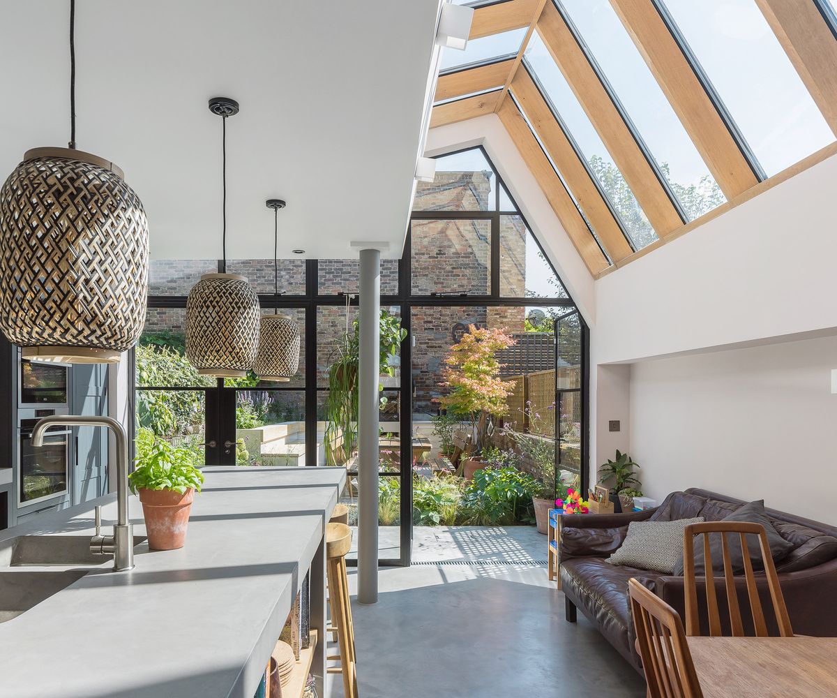 View out of a contemporary pitched roof kitchen extension
