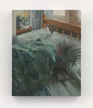 painting of covered figure on bed