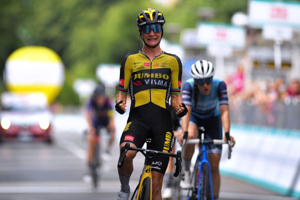 OVADA ITALY JULY 04 Marianne Vos of Netherlands and Jumbo Visma Team stage winner celebrates at arrival during the 32nd Giro dItalia Internazionale Femminile 2021 Stage 3 a 135km stage from Casale Monferrato to Ovada GiroDonne UCIWWT on July 04 2021 in Ovada Italy Photo by Luc ClaessenGetty Images
