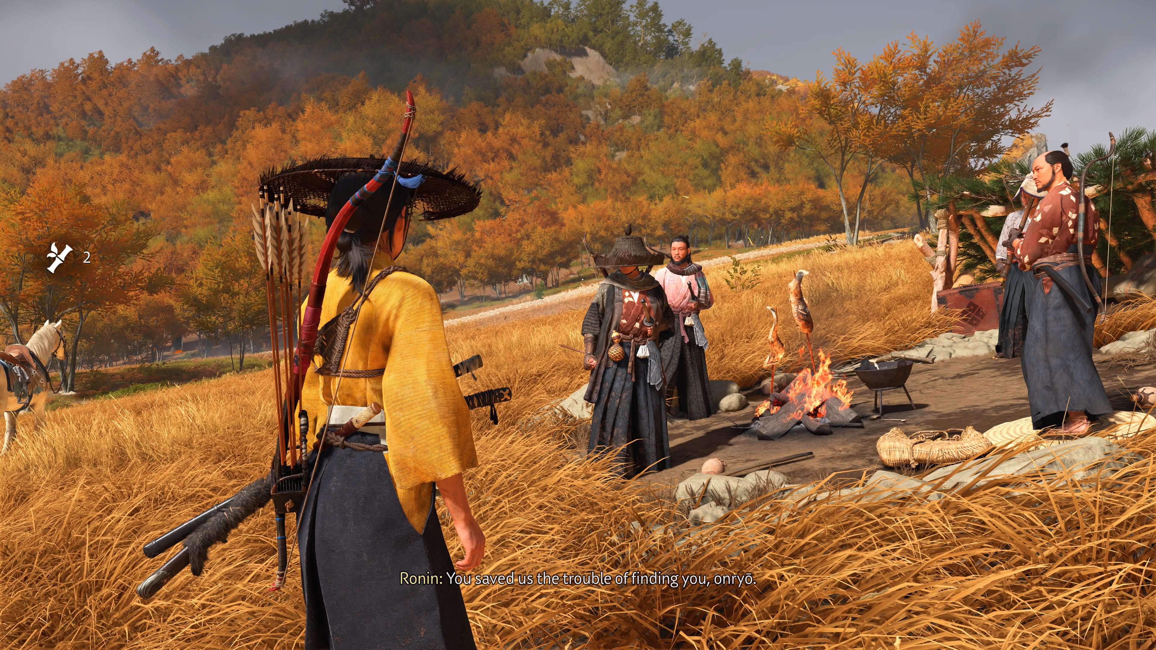 Ghost of Yotei review gameplay that shows a group of camping ronin who have found Atsu and plan to kill her and claim a bounty