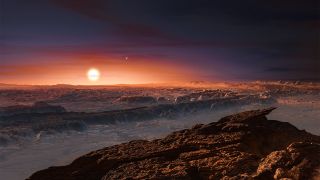 An artist's depiction of the view from the surface of Proxima b, with the two stars of Alpha Centauri visible low in the skies.