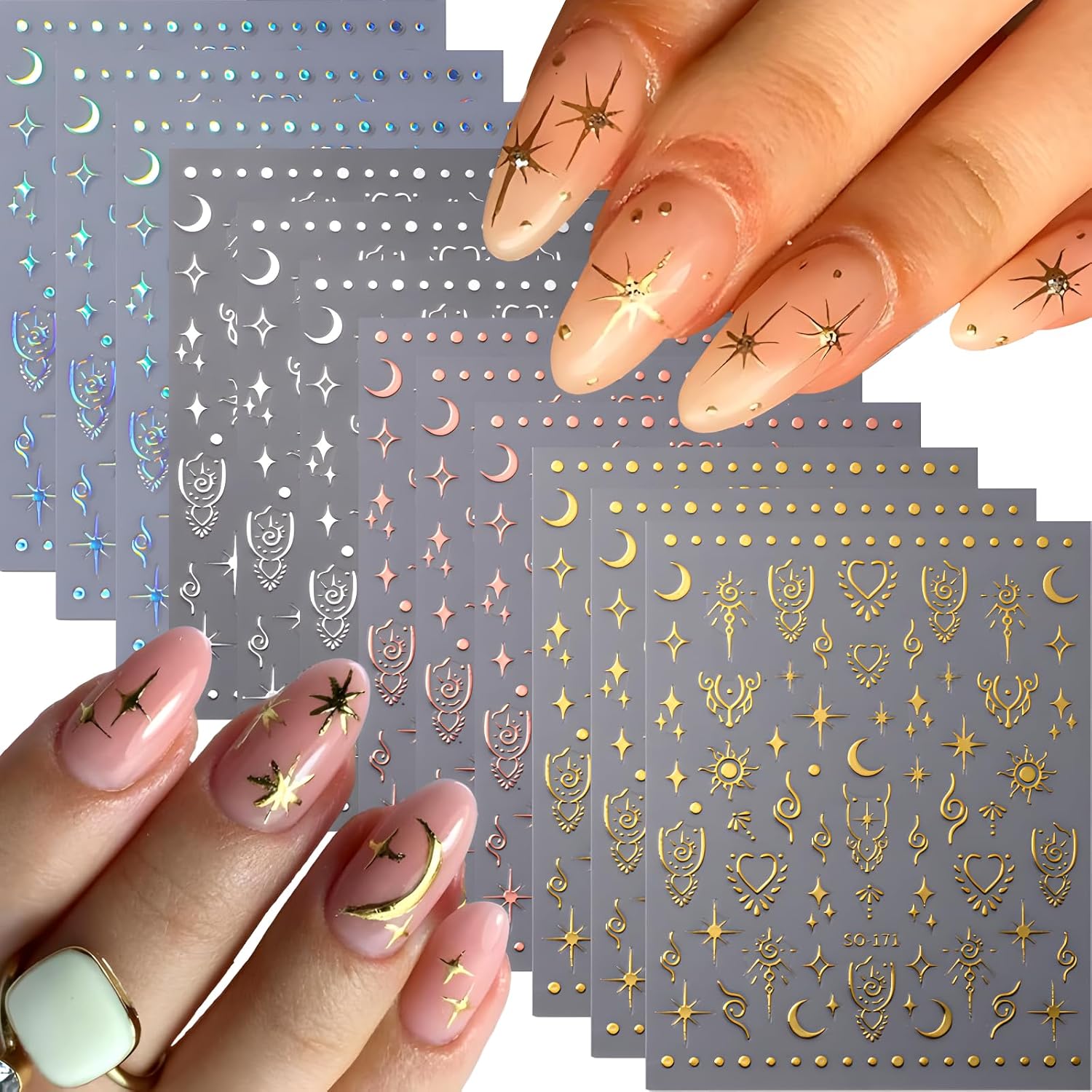 Splocudu 12 Sheets Star Nail Art Stickers 3d Self-Adhesive Nail Decals Silver Aurora Gold Moon Nail Stickers for Nail Art Design Decoration Accessories for Women