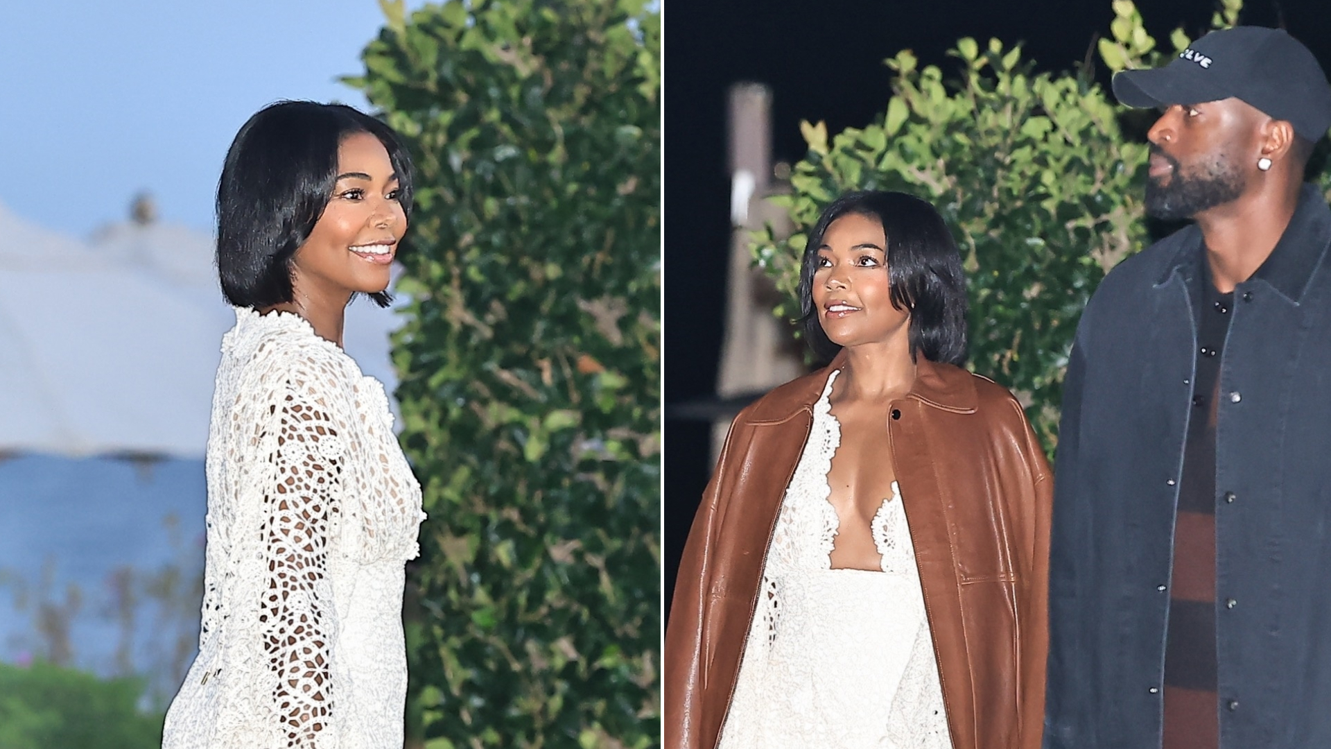 Gabrielle Union wears a white lace dress and carries a rare Prada Moon Buckle Bag 