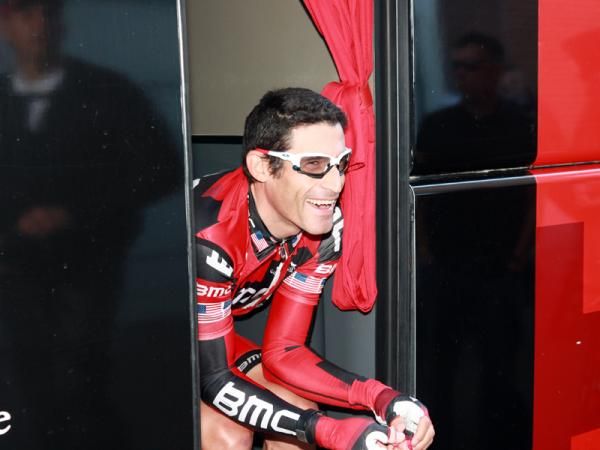 BMC's George Hincapie enjoying a lighthearted moment on the steps of the team bus before departing for the start of Scheldeprijs.