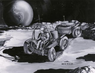 An artist's depiction of one design for a crewed lunar rover for the Apollo program.