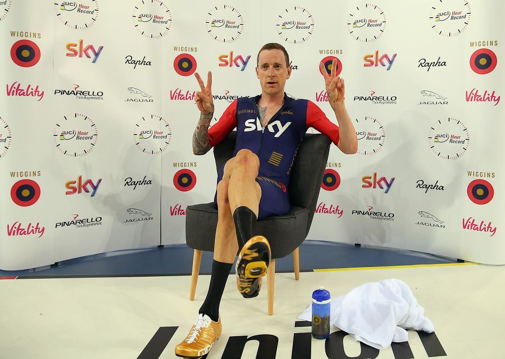 Bradley Wiggins relaxes after breaking the UCI Hour Record.