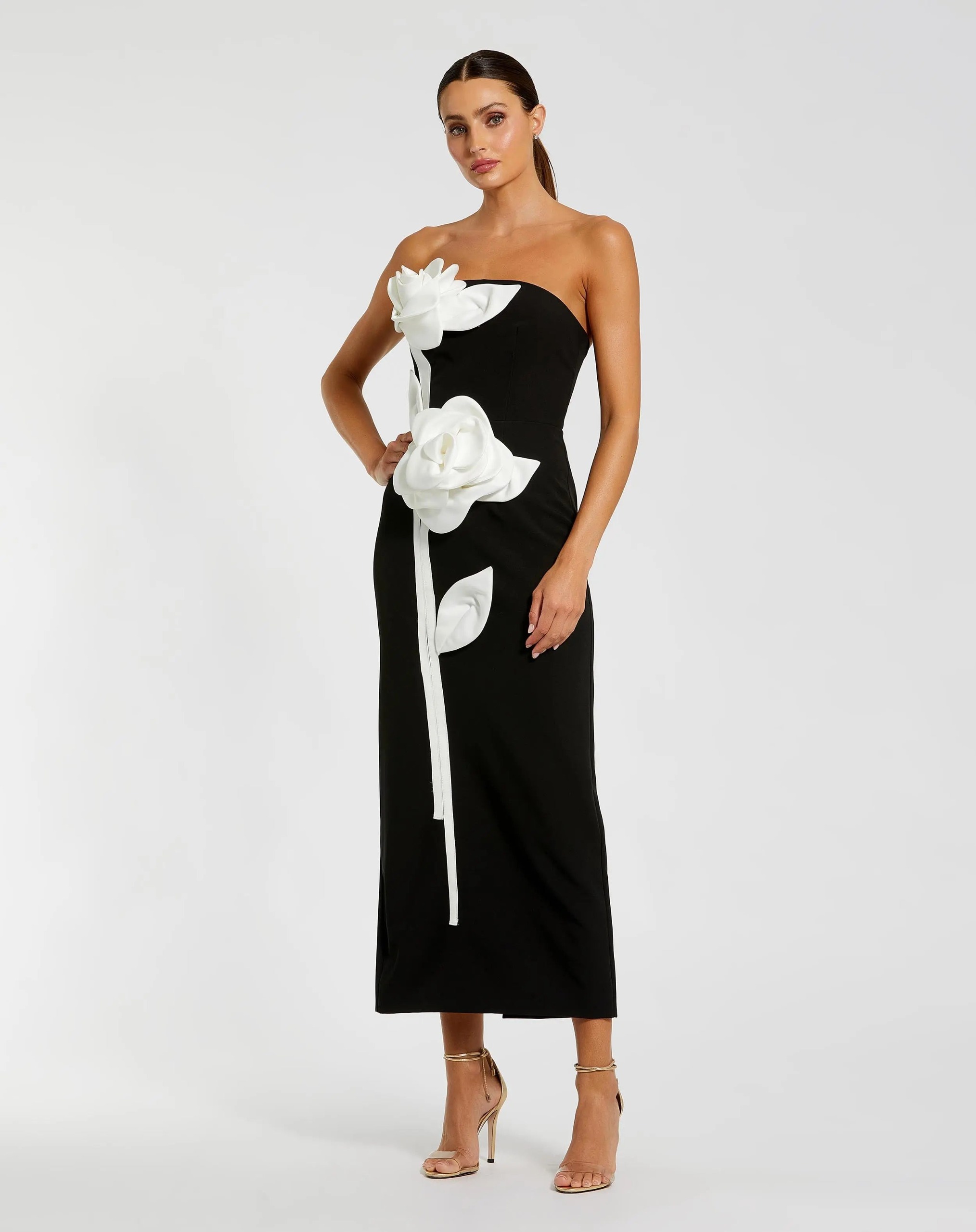 Black Strapless Crepe Dress With 3d Satin Flowers
