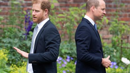 Britain's Prince Harry, Duke of Sussex (L) and Britain's Prince William, Duke of Cambridge attend the unveiling of a statue of their mother, Princess Diana at The Sunken Garden in Kensington Palace, London on July 1, 2021, which would have been her 60th birthday. - Princes William and Harry set aside their differences on Thursday to unveil a new statue of their mother, Princess Diana, on what would have been her 60th birthday