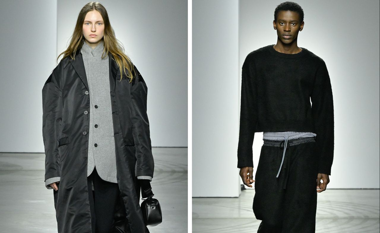 Two people on Onitsuka Tiger A/W 2023 runway in layered looks