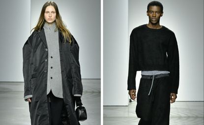 People on Onitsuka Tiger A/W 2023 runway in grey coats 