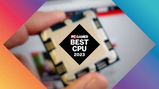 A blurred image of a CPU being held by fingertips, with a coloured overlay sporting a GOTY logo