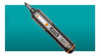 A Worx electric screwdriver on a teal deals background