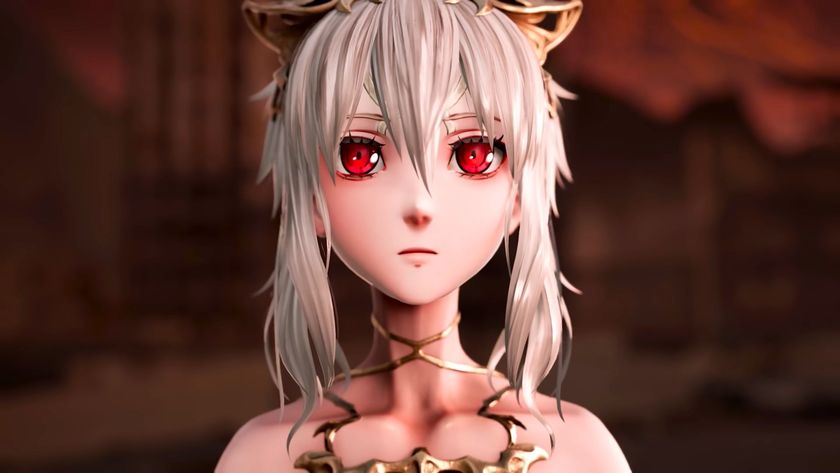 A young woman with red eyes and white hair staring up and off camera at something ominous in Code Vein 2