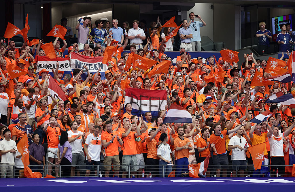 Netherlands' supporters cheer during the 2026 World Cup Group F football match between the Netherlands and Japan at the Dallas Stadium in Arlington on June 14, 2026.