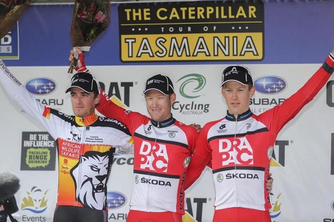 Rhys Gillett (African Wildlife Safaris) on the podium with two Drapac riders for the second day in a row