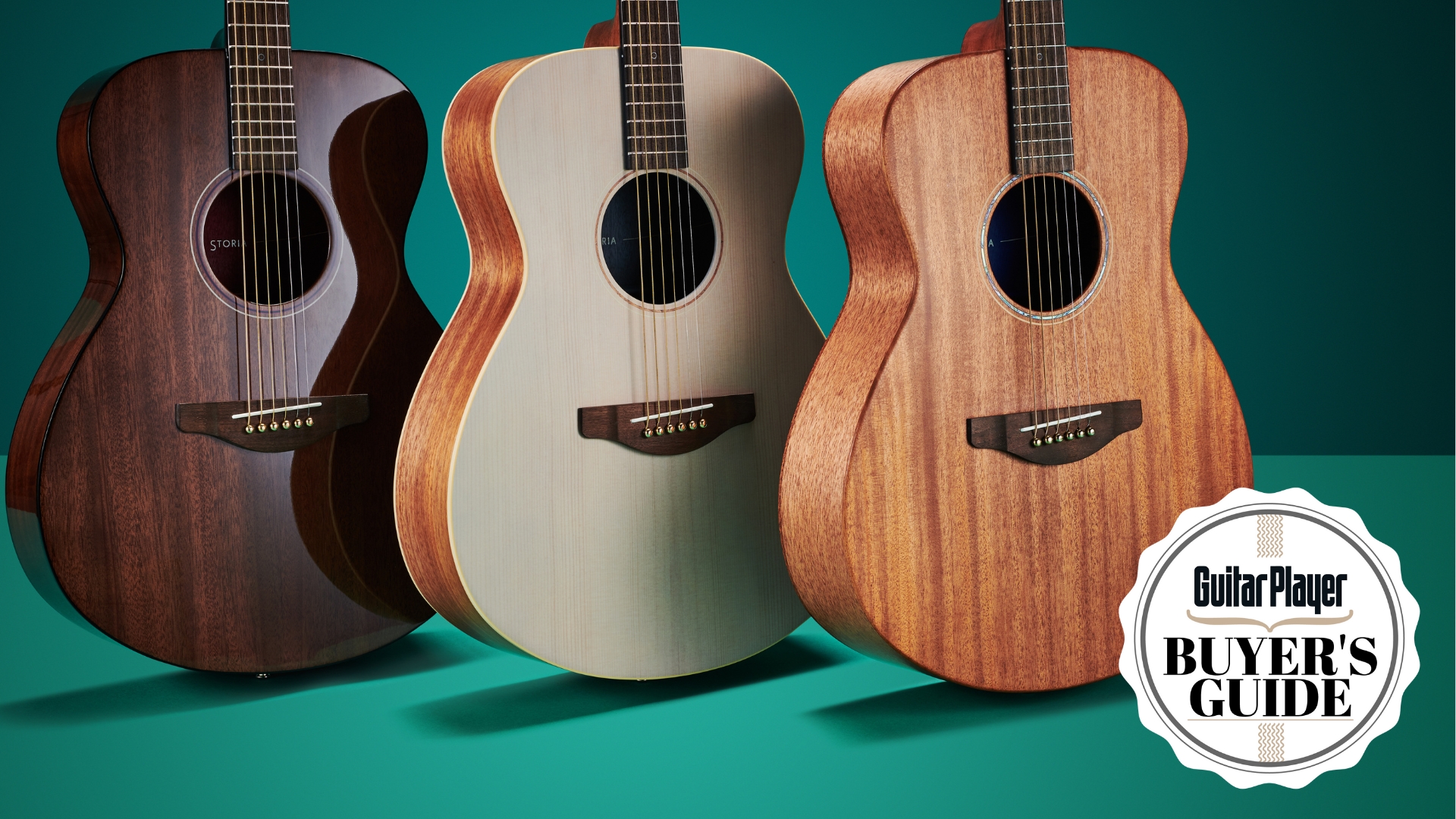 The Yamaha Storia acoustic guitars on a green background