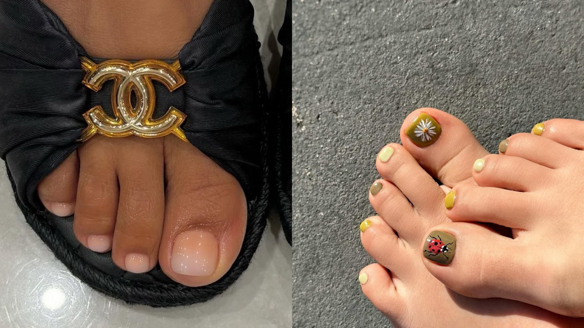 Photo collage of pedicure nail art