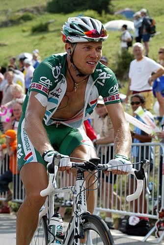 Thor Hushovd (Credit Agricole) brings up the tail end of the bunch.