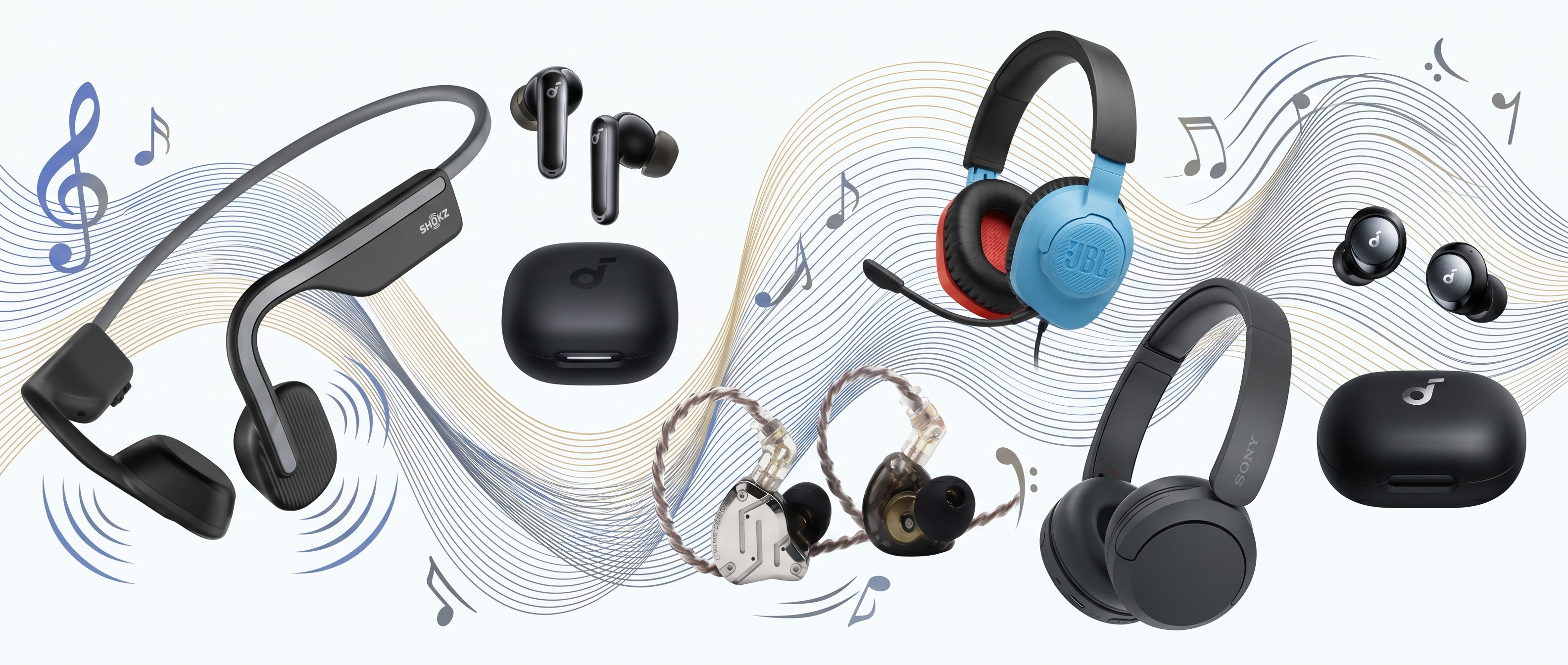 Headphones and earbuds on a musical themed background