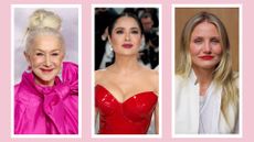 Helen Mirren, Salma Hayek and Cameron Diaz pictured with bold lipstick looks / in a pink three-picture template