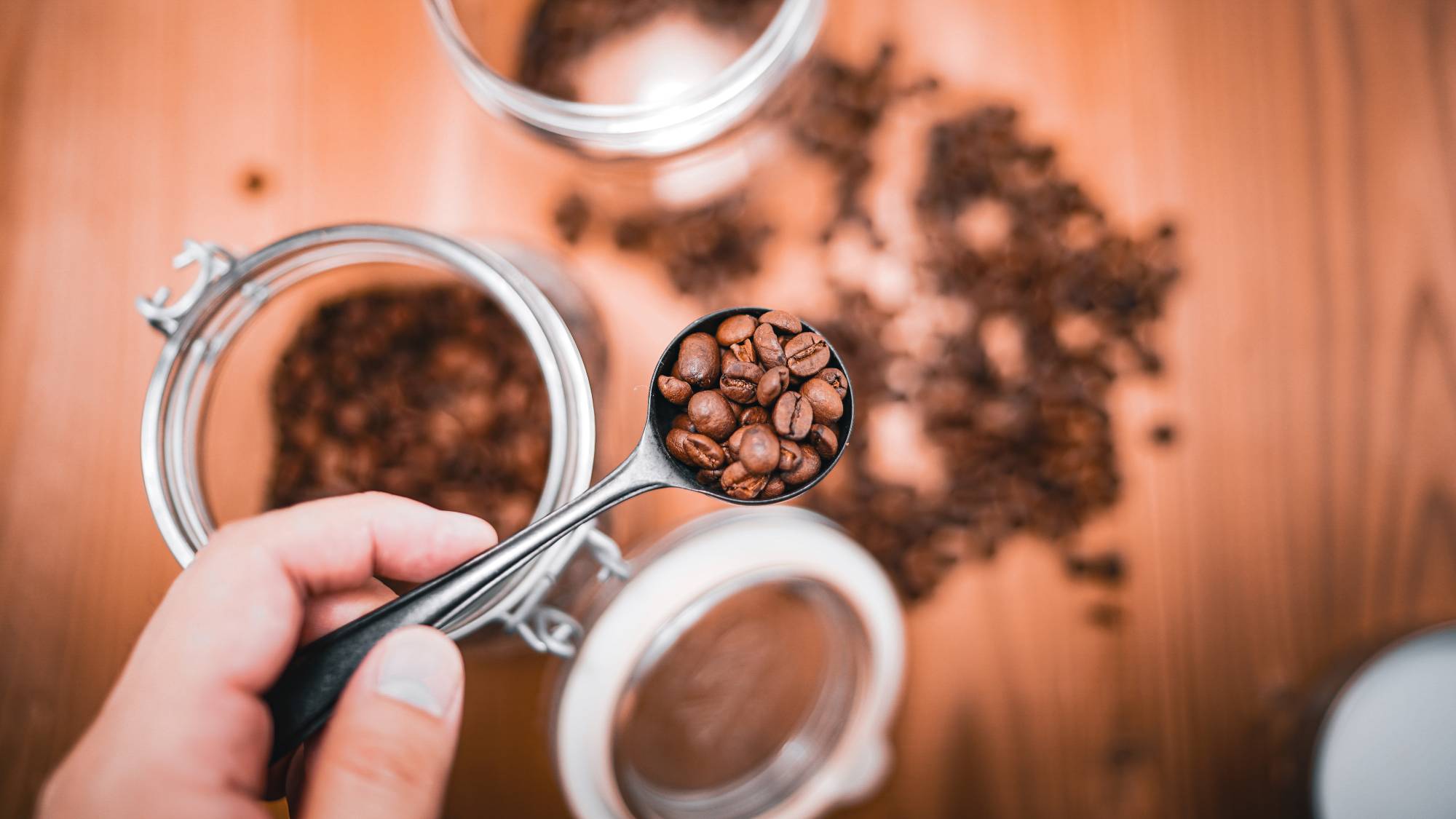 A hand holding coffee beans in a small spoon