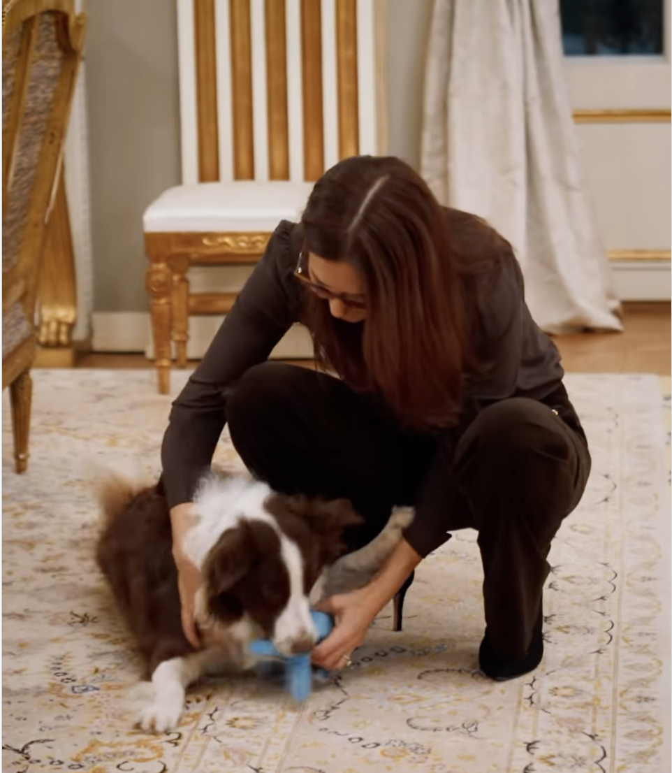 Queen Mary playing with a dog on the floor