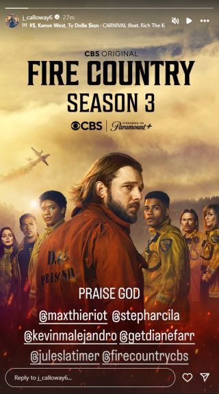 Jordan Calloway posts Fire Country art for Season 3 renewal, writing "Praise God."