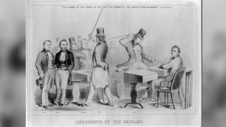 An artist recreates the May 22 attack and severe beating of Massachusetts senator Charles Sumner by Representative Preston S. Brooks of South Carolina.