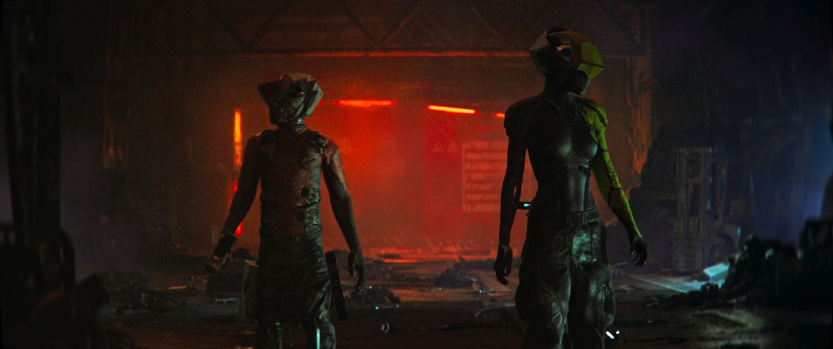 Babiru DaVinci Studio tips; Two figures, clad in futuristic, dark attire, walk through a dimly lit, industrial-style setting, bathed in warm, reddish-orange light.