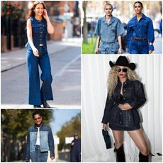 four images of denim on denim outfits, including fashion week street style,, Katie Holmes, and Beyonce