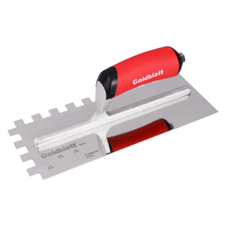 A stainless steel square-notch trowel with a red handle