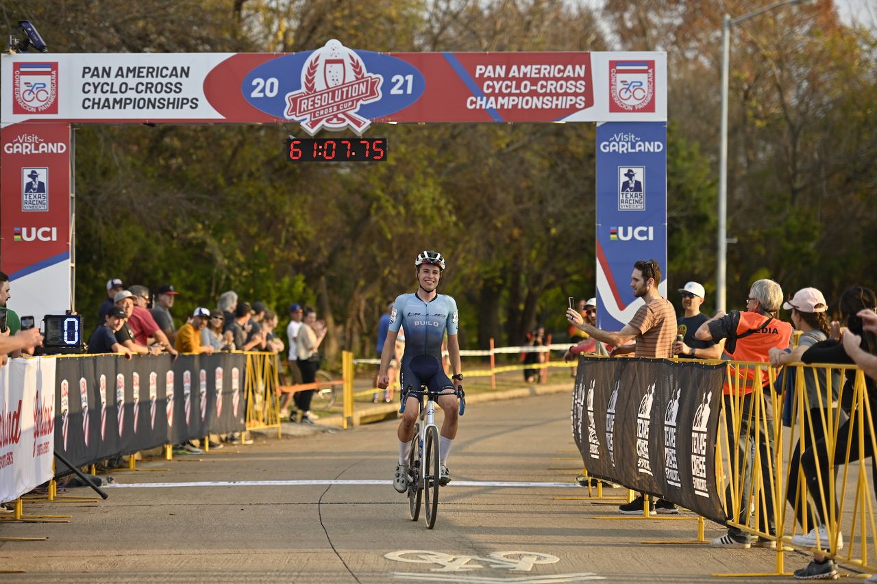 New men's elite Pan-Am Cyclo-cross champion Eric Brunner crosses the finish line in Garland, Texas