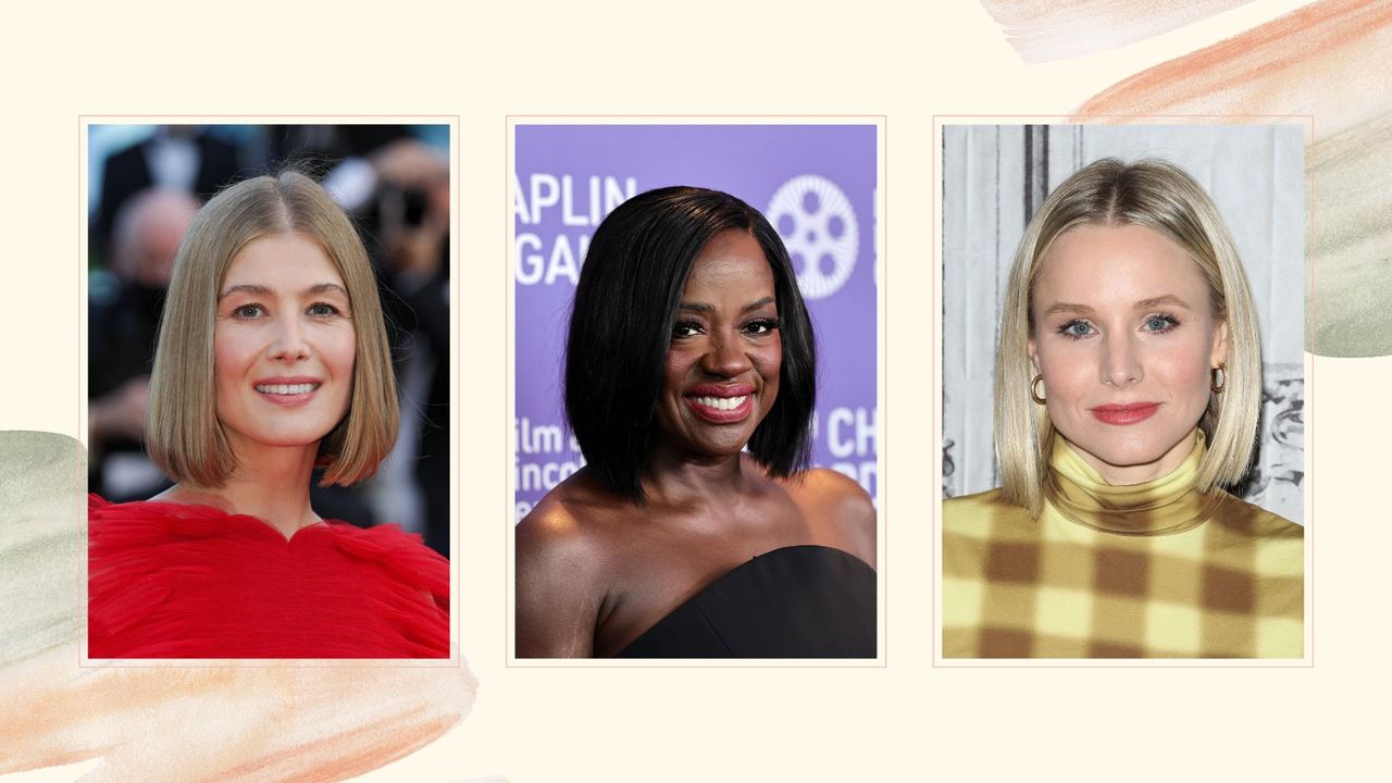 A trio of celebrities with blunt bobs, including Rosamund Pike, Viola Davis and Kristen Bell