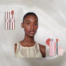 A model with a slicked back bun surrounded by Dior and YSL lip balms.