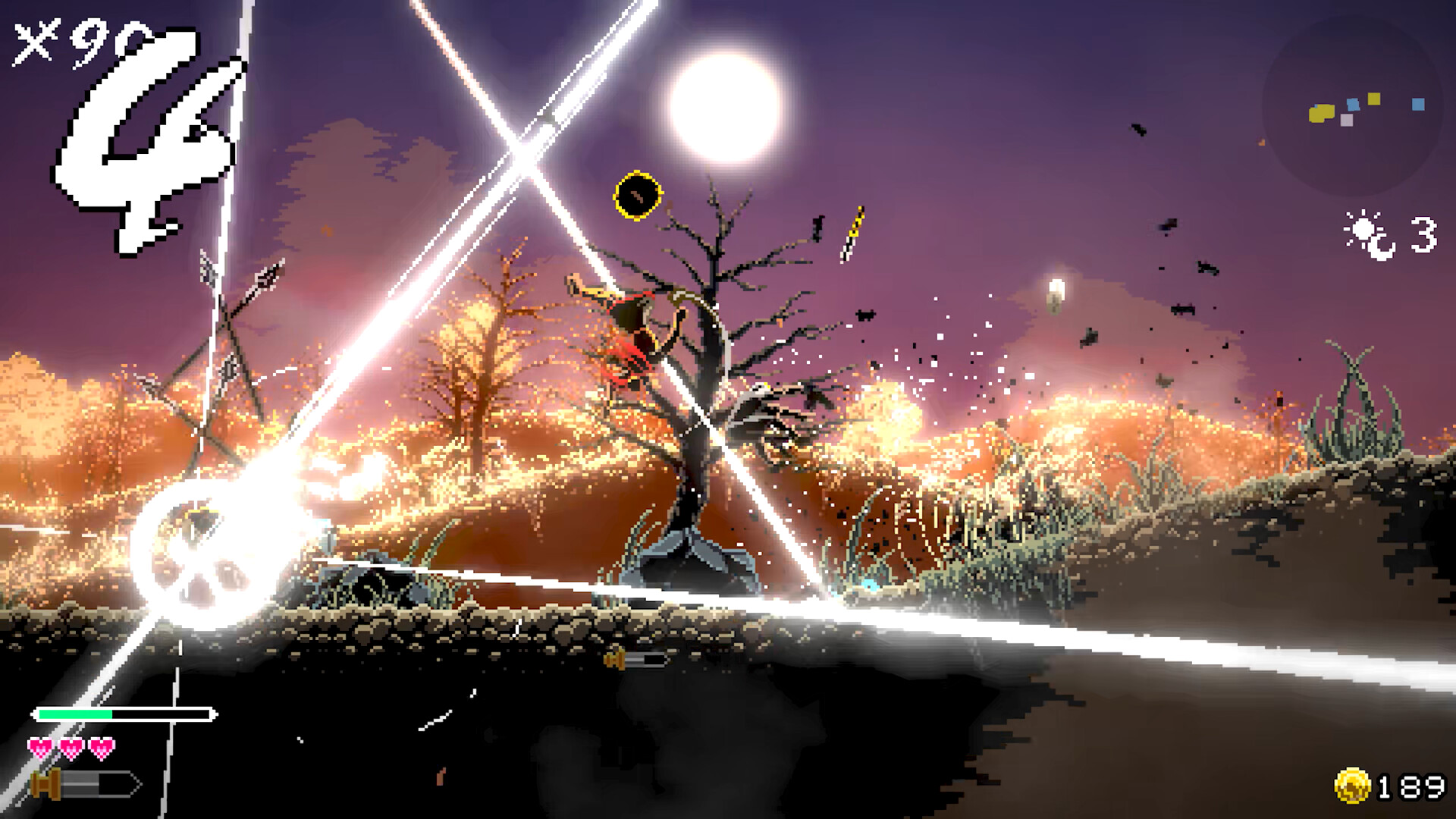 Berserk or Die screenshot of 2D level with sunset background
