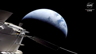 orion spacecraft in front with earth as a crescent in behind