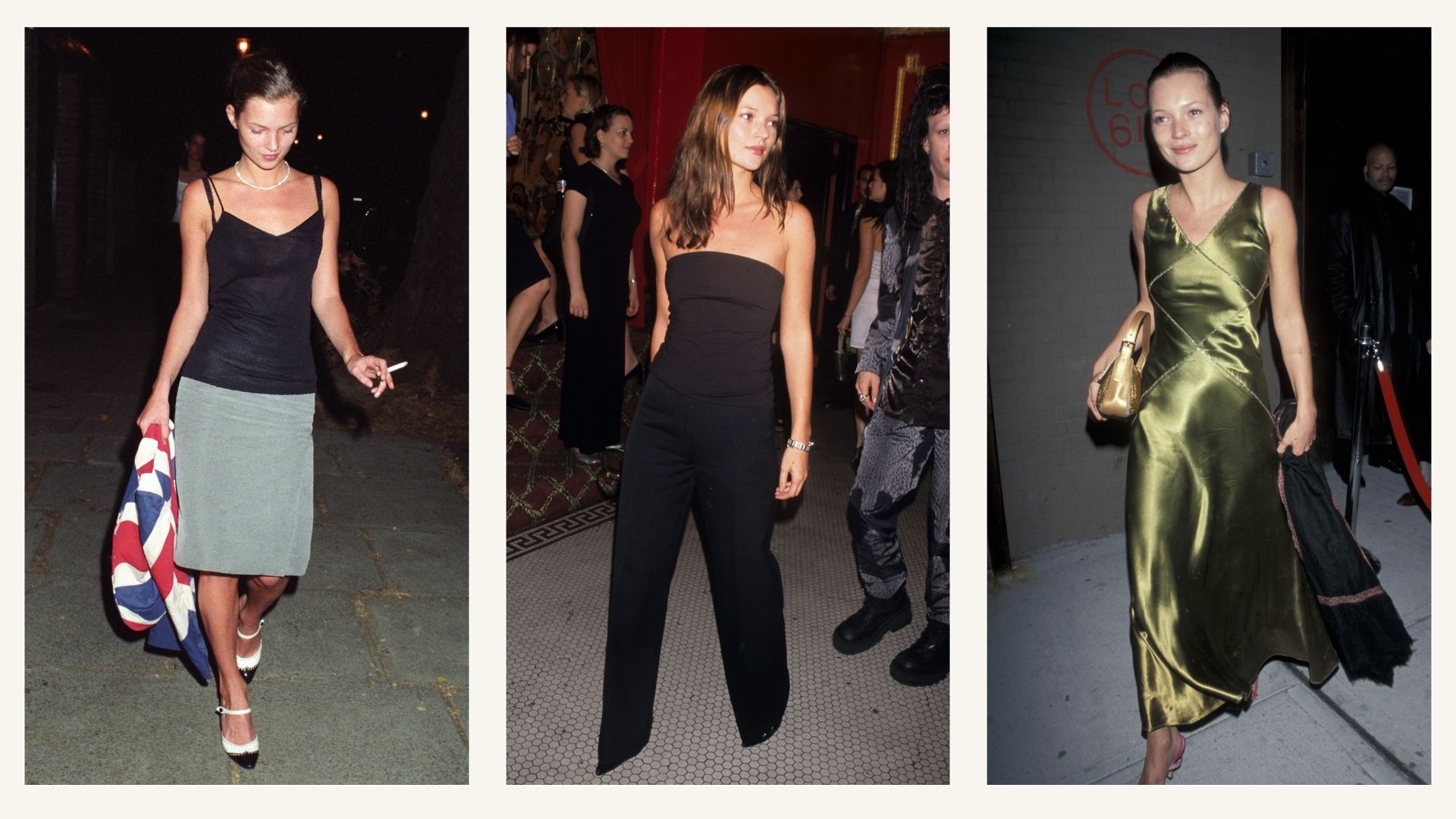 Collage of Kate Moss in the '90s wearing summer trends.