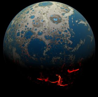 An artist's conception of the early Earth, showing a surface bombarded by large impacts that result in the extrusion of magma onto the surface.