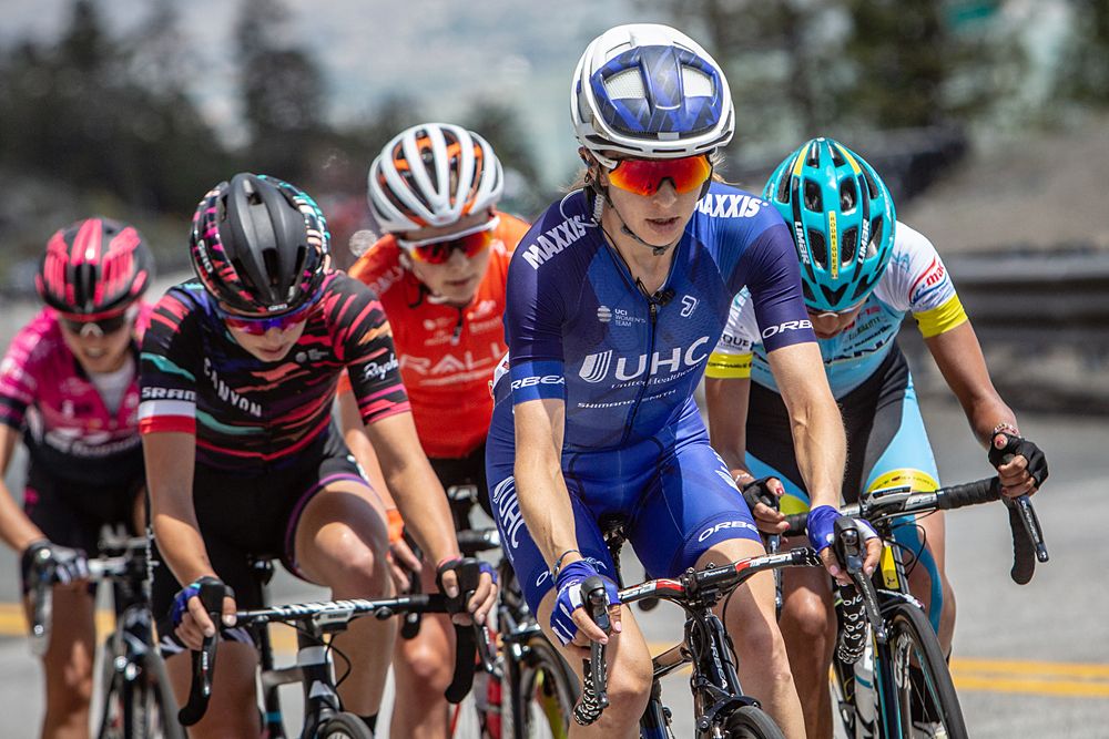 Katie Hall (UnitedHealthcare) leads the lead group over the top of the climb during stage 2 of the Amgen Tour of California Women's Race