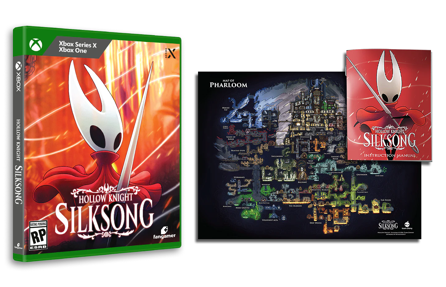 Hollow Knight: Silksong Xbox physical edition featuring the game case, a map poster of Pharloom, and a 32-page instruction manual.