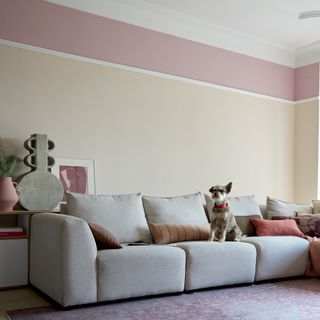 living room paint colours 2023, cream and pink living room, grey sofa, pink vintage rug, vases
