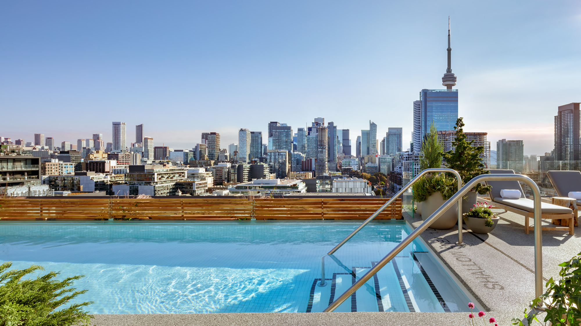 1 Hotel Toronto outdoor swimming pool with view of the skyline.
