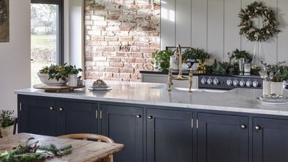 Navy shaker kitchen with christmas decor