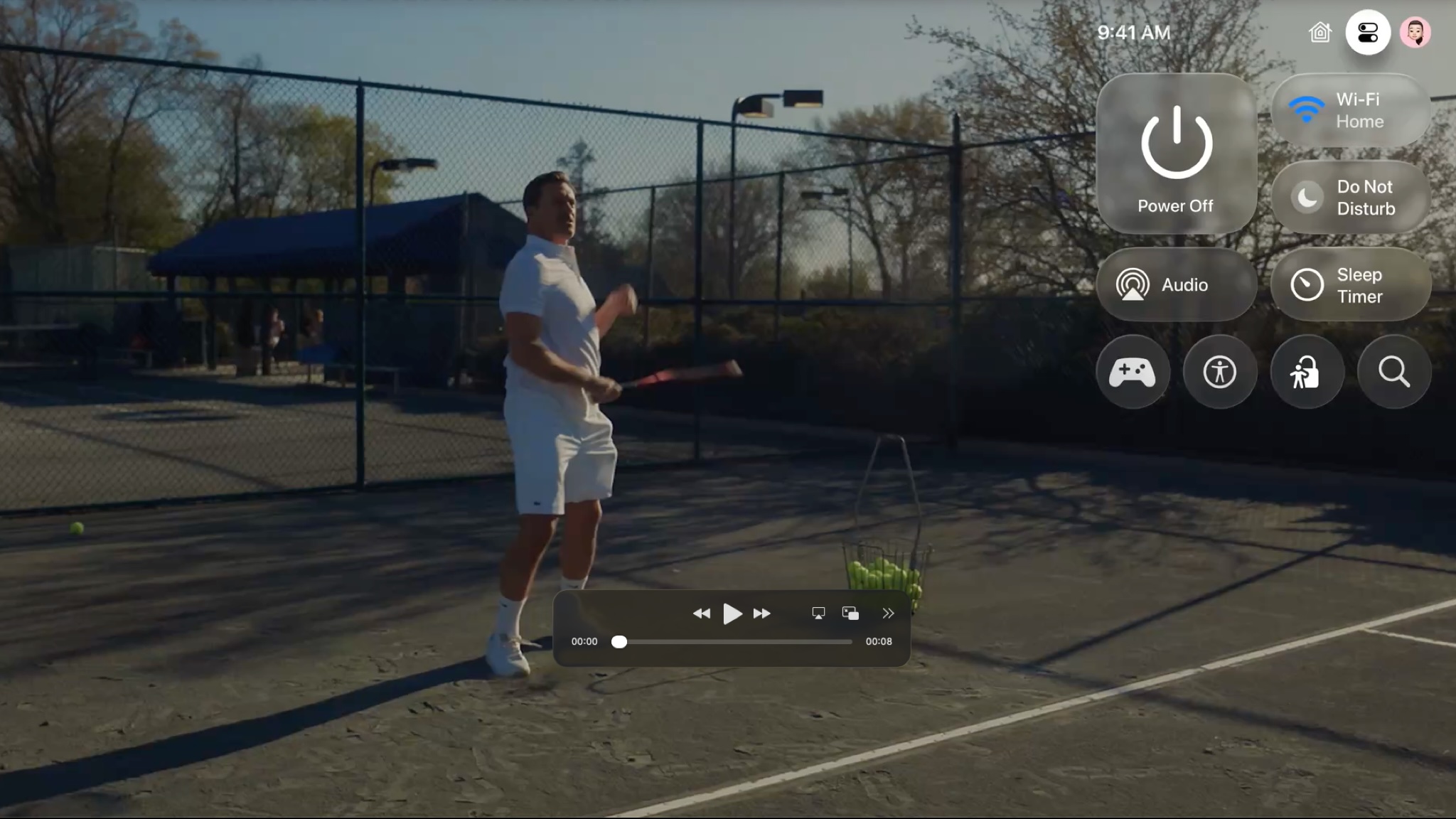 The new liquid glass interface over a video of a man playing tennis