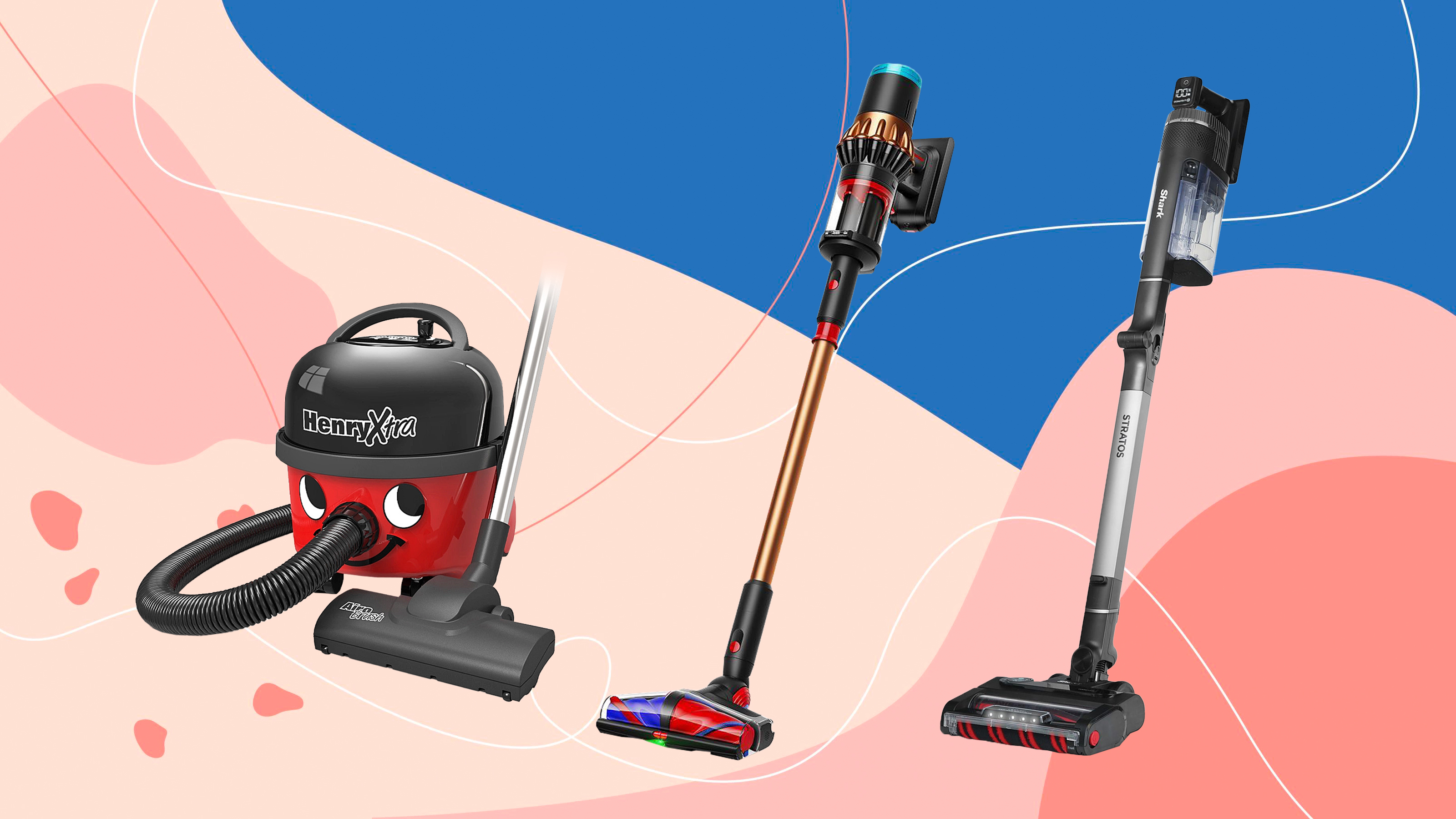 a henry, Dyson and Shark vacuum on a pink background